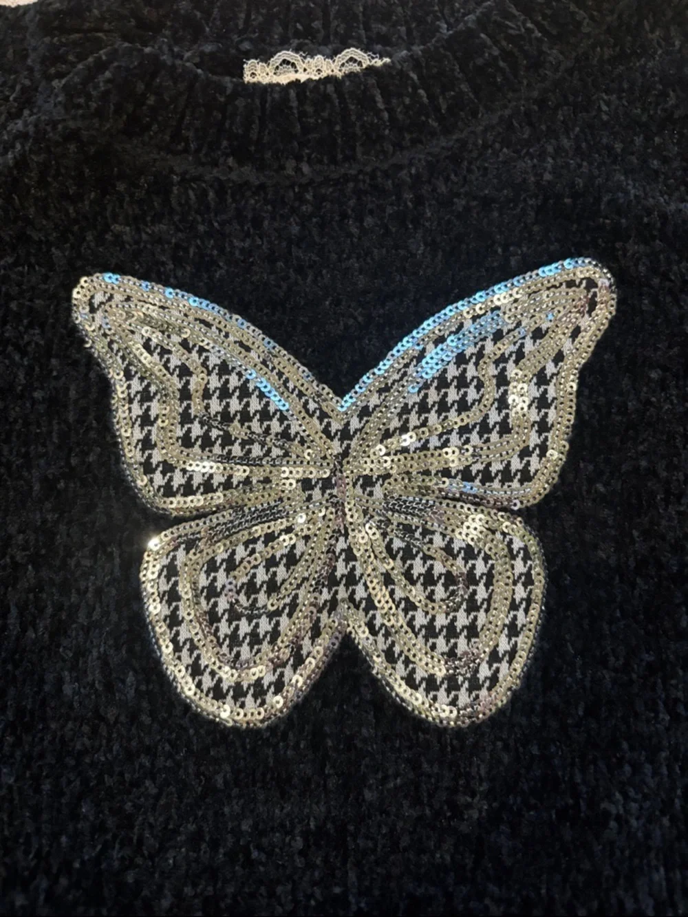 btween Black Sequin Butterfly Sweater Set with Houndstooth Skirt - Picture 4 of 9